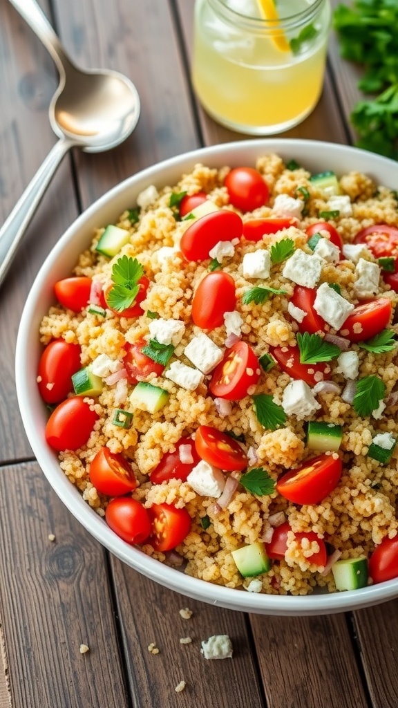 A vibrant bowl of Mediterranean quinoa salad with tomatoes, cucumbers, red onion, and parsley, garnished with feta cheese.